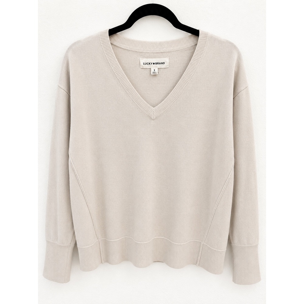Lucky Brand Womens V-Neck Sweater Oatmeal Beige Knit Pullover Small 7W31610